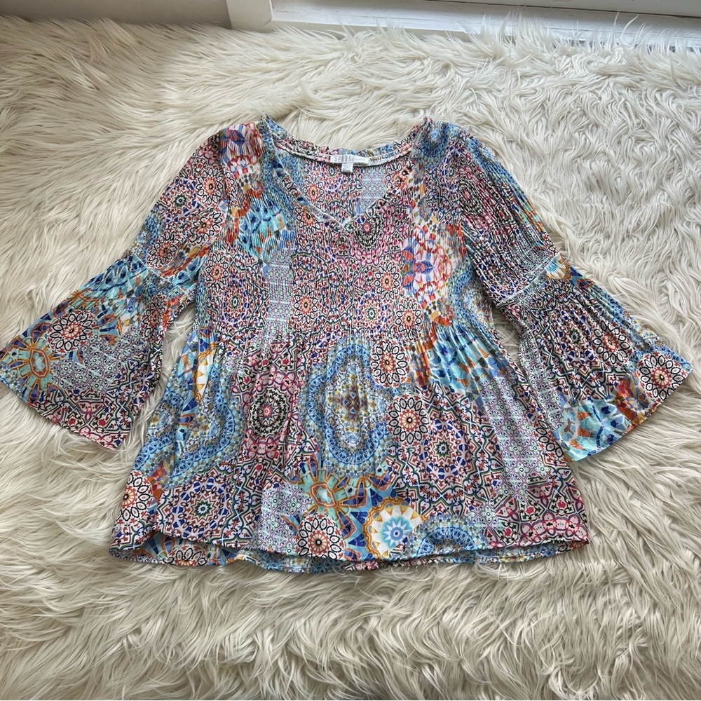 Spense Petite Accordion Pleat Blouse Gypsy Boho Tunic 3/4 Bell Sleeves Women's S